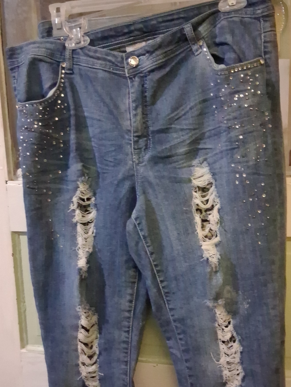 Cherokee Blue Distressed Skinny Jeans with Rhinestone Detail